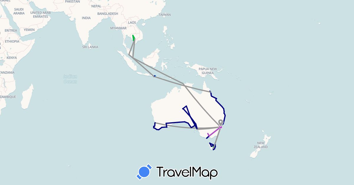 TravelMap itinerary: driving, bus, plane, train, boat in Australia, Indonesia, Cambodia, Malaysia, Singapore (Asia, Oceania)
